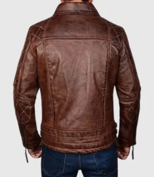 Men Quilted Distressed Brown Leather Jacket