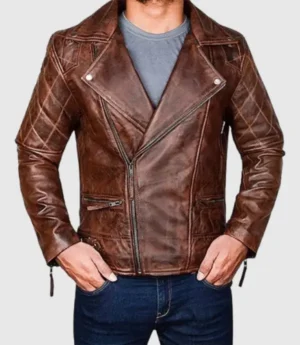 Men Quilted Distressed Leather Jacketacket